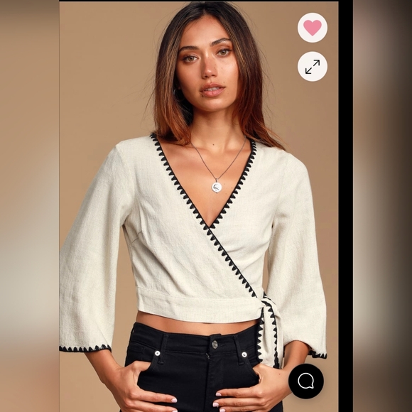Lulus Tops - Lulu's Allamenda Beige Wrap Blouse with Black Edging. Small